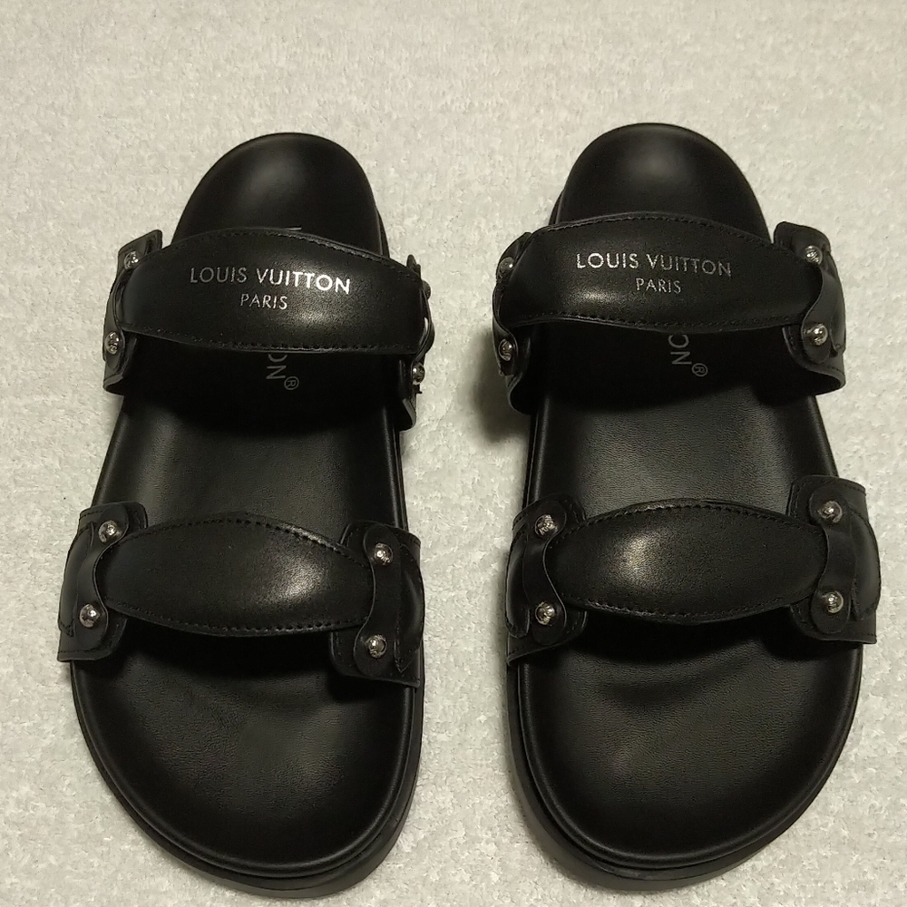 Louis Vuitton Black Leather Dual-Strap Slide Sandals